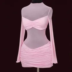 Vestido mini rosa manga larga transparente