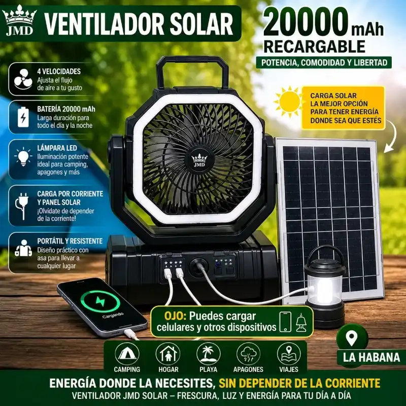 VENTILADOR RECARGABLE con Batería de Litio y panel solar(20,000 mAh)