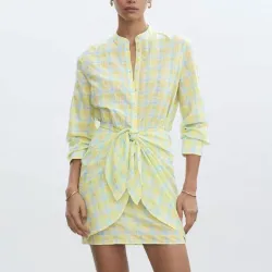 Vestido amarillo de cuadros mangas largas Mango