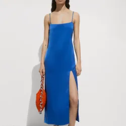 Vestido Mango satinado azul con abertura
