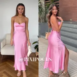 Vestido rosado satinado Zara de tiras en espalda 