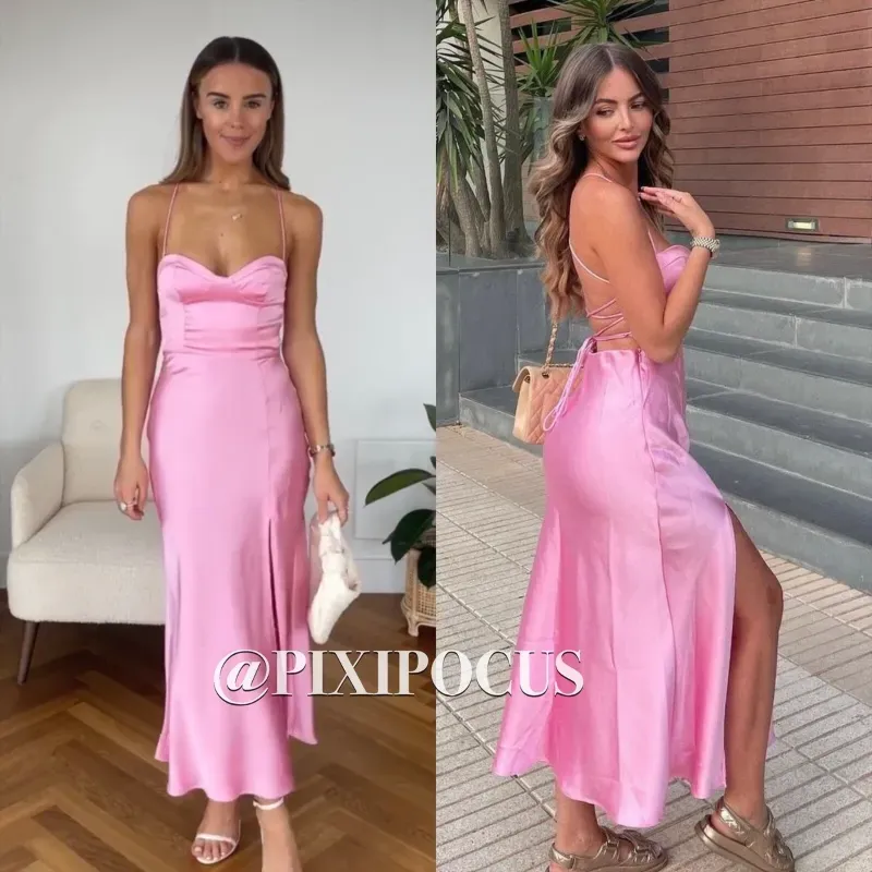 Vestido rosado satinado Zara de tiras en espalda 