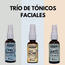 1-Tónico facial para piel sensible 2-Tónico facial antiacné 3-Tónico facial anti envejecimiento