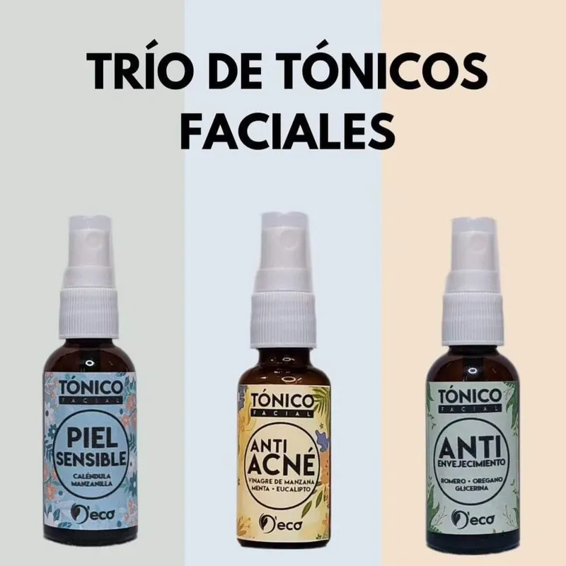 1-Tónico facial para piel sensible 2-Tónico facial antiacné 3-Tónico facial anti envejecimiento