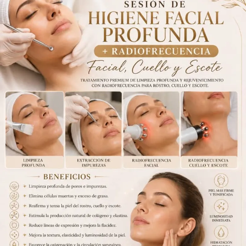 Sesión de Higiene Facial profunda +Tratamiento Rejuvenecedor de radiofrecuencia facial,cuello y escote