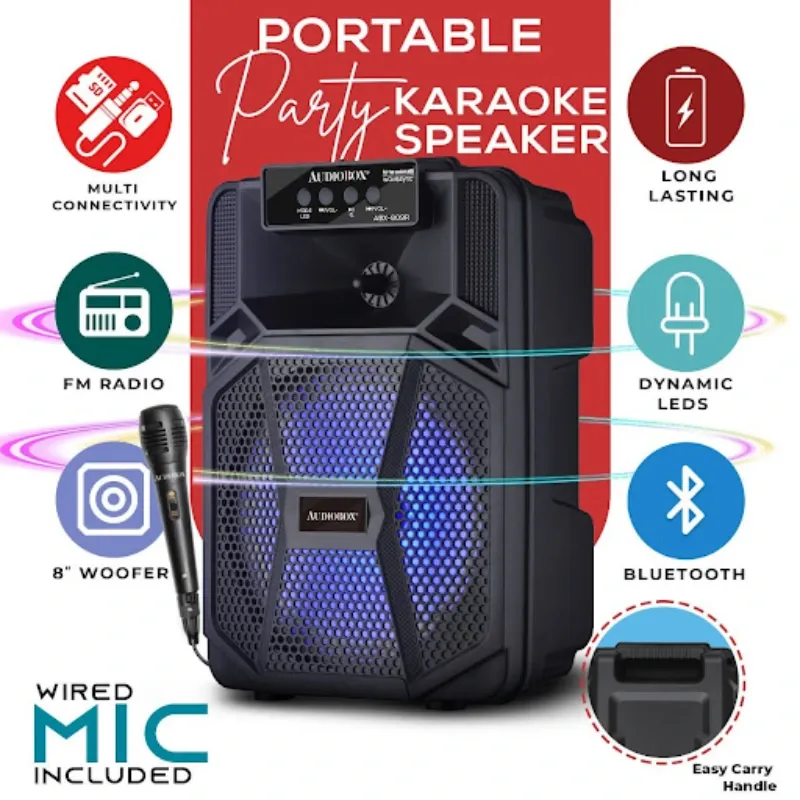 AudioBox ABX-809 – Altavoz de fiesta Bluetooth de 8”, WaveSync, luces led, batería recargable, inalámbrica