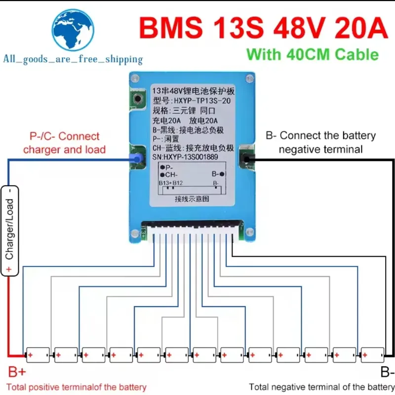 ⚡BMS 13S 48V 20A con Disipador de Calor — Puerto Común 2 en 1