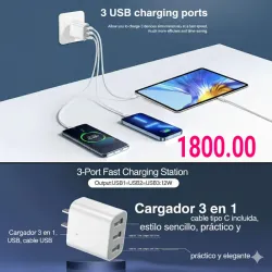 🔌 Cargador USB 3 Puertos/cabel Tipo C incluído 