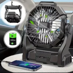 🔋Ventilador Recargable 1040mah Portátil con Luz LED, Gancho Giratorio y Power Bank
