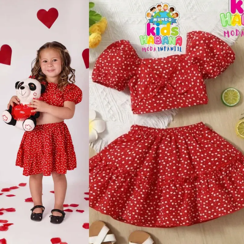 Conjunto  de saya Roja corazoncitos