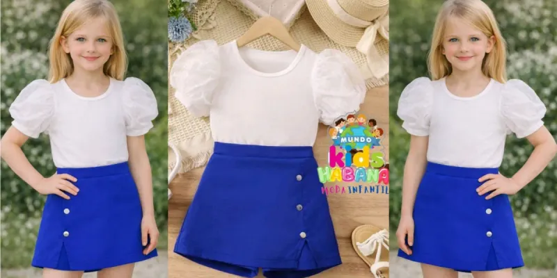 Conjunto de saya short azul + blusa blanca manga bonbillo 