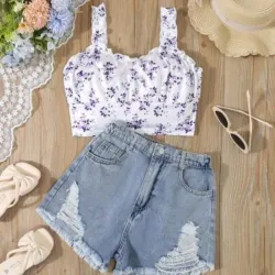 Conjunto  de short de mezclilla  + top estampado 