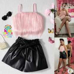 Conjunto de short Polipiel negro + top Rosa Peluche 