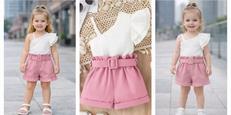 Short Rosa + top blanco de vuelo en hombro