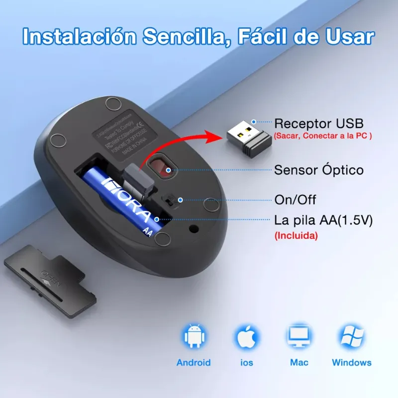 Ratón Inalámbrico 1Hora Silencioso Portátil Con Receptor USB