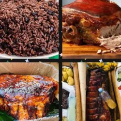 Piezas de cerdo asado con guarnición (pierna y lomo)
