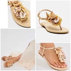✅Sandalias planas de color beige con detalles de conchas y flecos de paja.