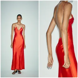Vestido Zara Satinado Rojo Maxi