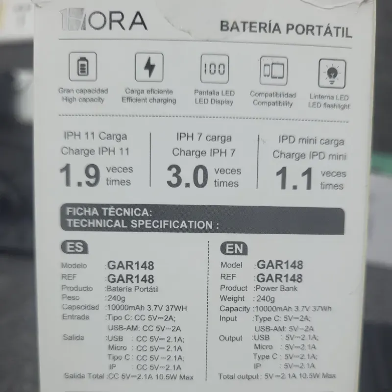 Cargador Portátil 10000mAh 1hora