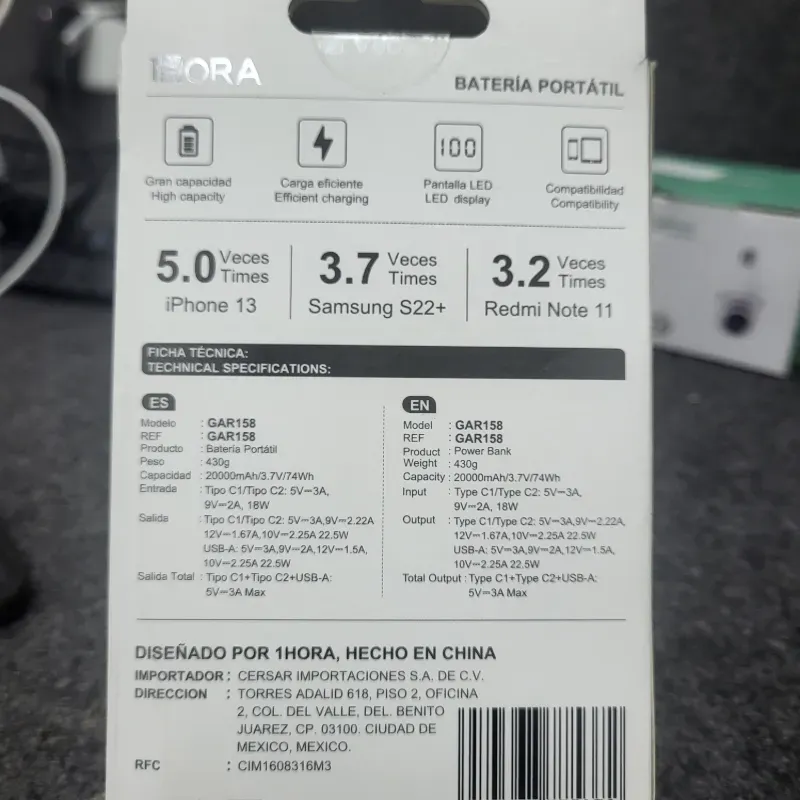 Cargador Portátil 1Hora 20000mah