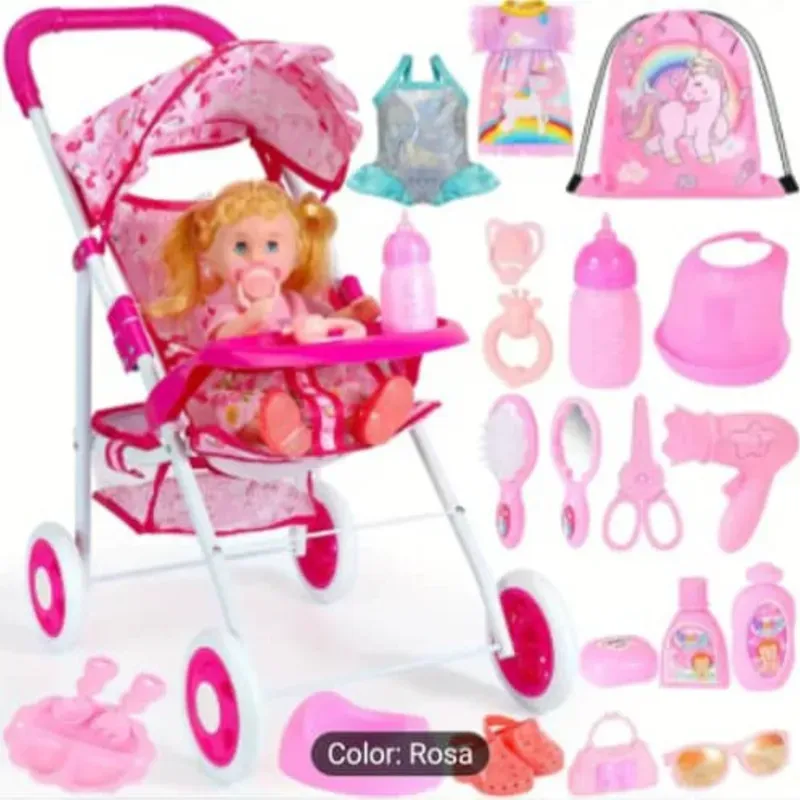 Coche de juguete con muñeca y 24 accesorios