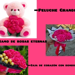 Combo de peluche grande,ramo pequeño de rosas eternas y caja de corazón con bombones 😍😍😍
