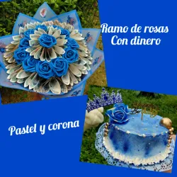Combo de regalo💙💙💙(ramo de rosas con dinero,pastel y corona de cumpleaños)