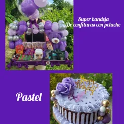 Combo de regalo super bandeja de confituras,peluche y pastel💜💜💜