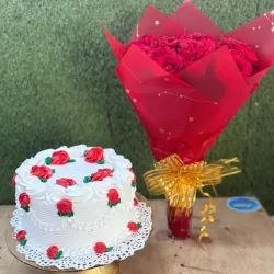 Combo pastel con ramo rosas eternas grande rojo