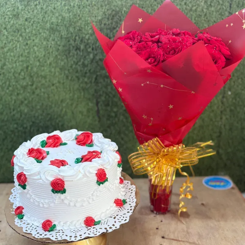 Combo pastel con ramo rosas eternas grande rojo
