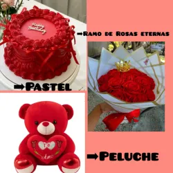 Super combo rojo❤️❤️❤️(peluche,pastel,super ramo rosas eternas)