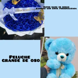 Super ramo de rosas eternas y peluche grande😍💙