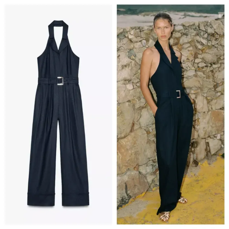Mono Zara azul lino con cinturón 
