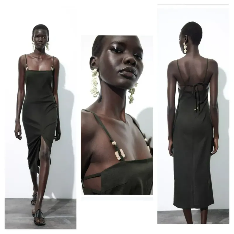 Vestido Zara lino verde abalorios 