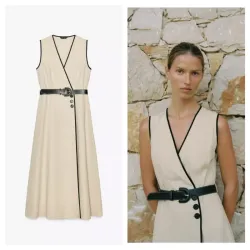Vestido Zara lino con cinturón negro 