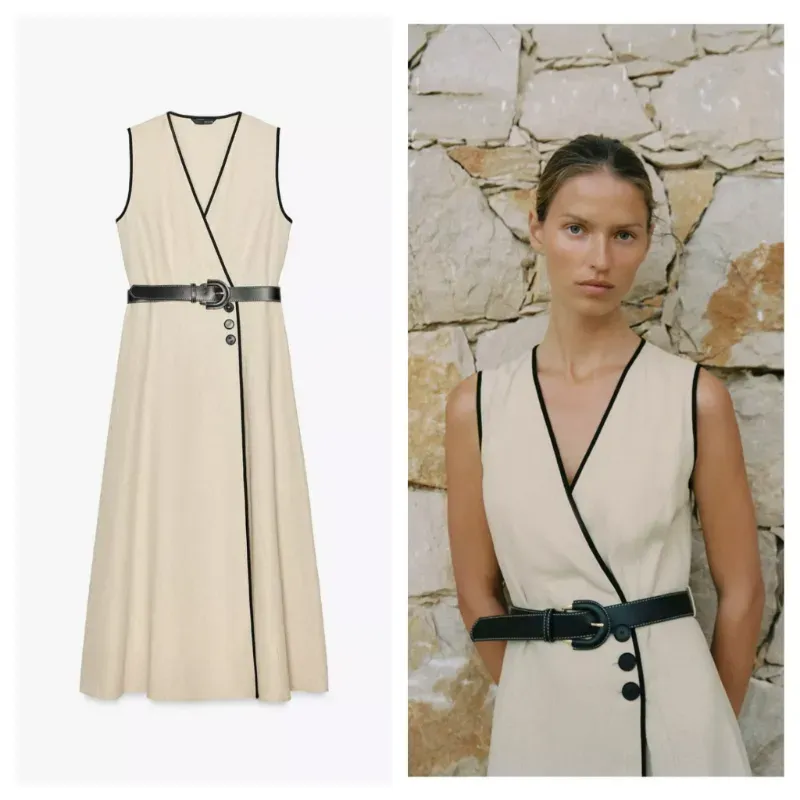 Vestido Zara lino con cinturón negro 