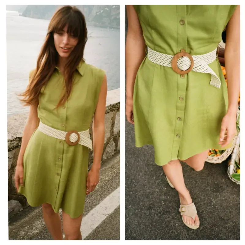 Vestido Zara verde lino con cinturón 