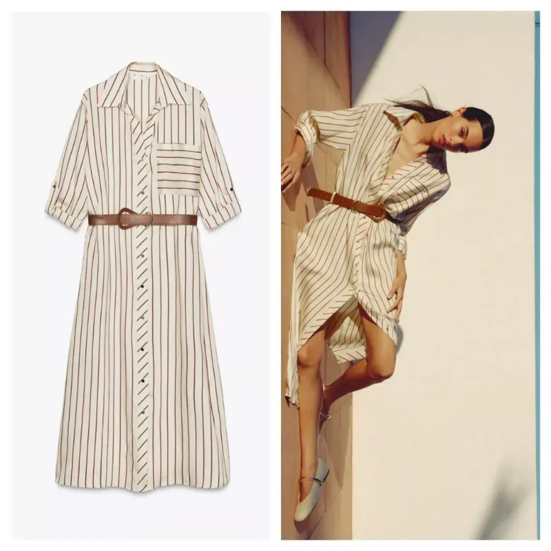 Vestido camisero Zara rayas café con cinturón 