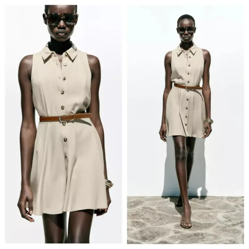 Vestido Zara beige mini con cinturón 