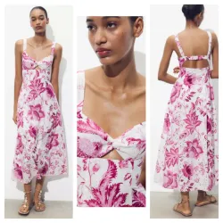 Vestido Zara midi rosa bordados 