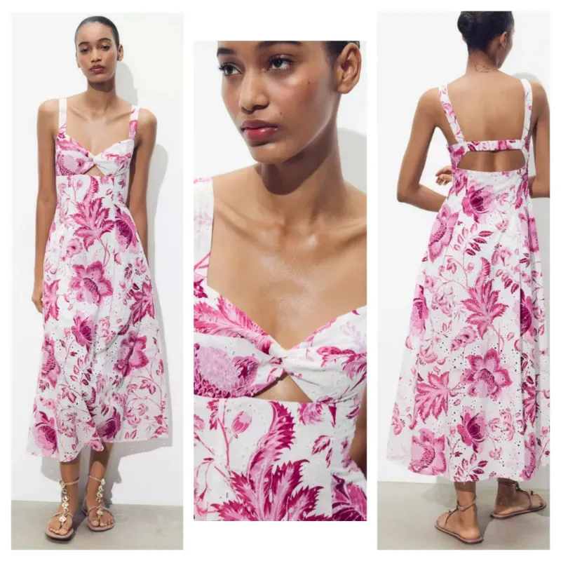 Vestido Zara midi rosa bordados 