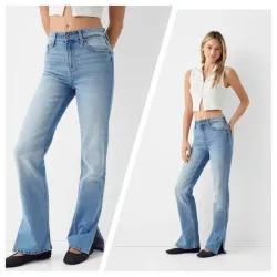 Jeans Bershka straight aberturas azul claro 