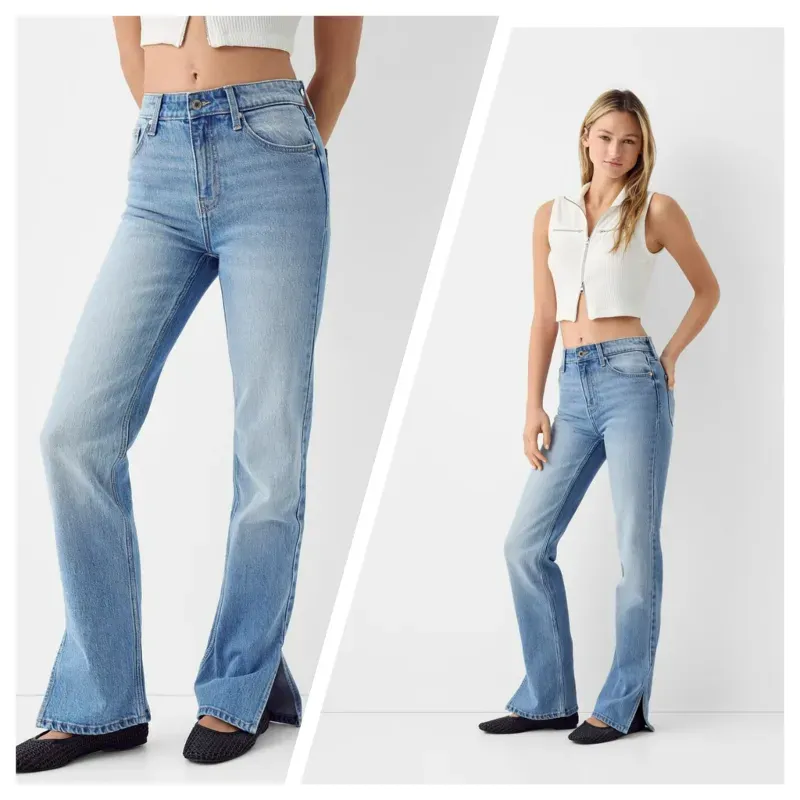 Jeans Bershka straight aberturas azul claro 