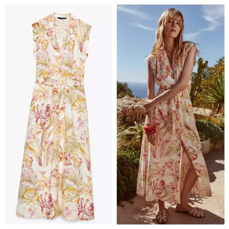 Vestido Zara estampado lino cinturón 