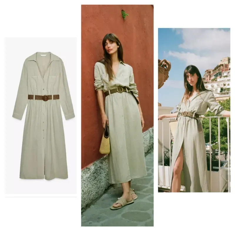 Vestido camisero Zara verde lino con cinturón 