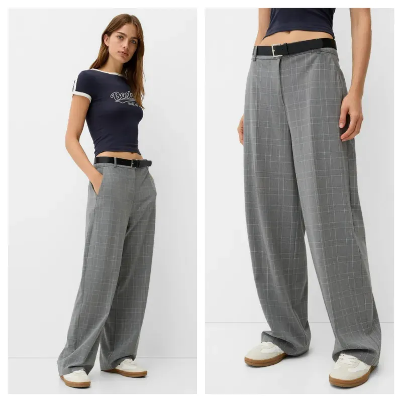 Pantalón Bershka cuadros cinturón 