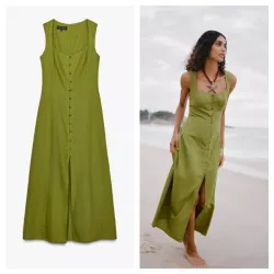 Vestido Zara verde lino botones 