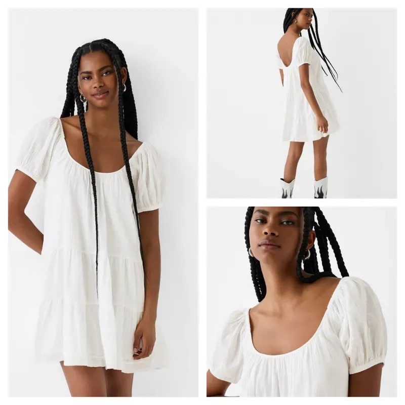 Vestido Bershka bambula blanco 