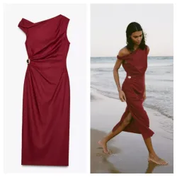 Vestido Zara midi rojo aplique dorado 
