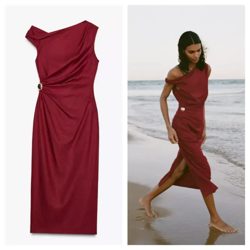 Vestido Zara midi rojo aplique dorado 